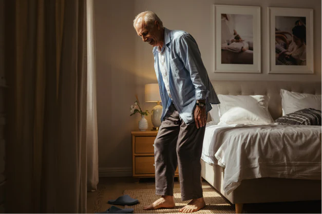 Homem no quarto com dor ao se levantar da cama