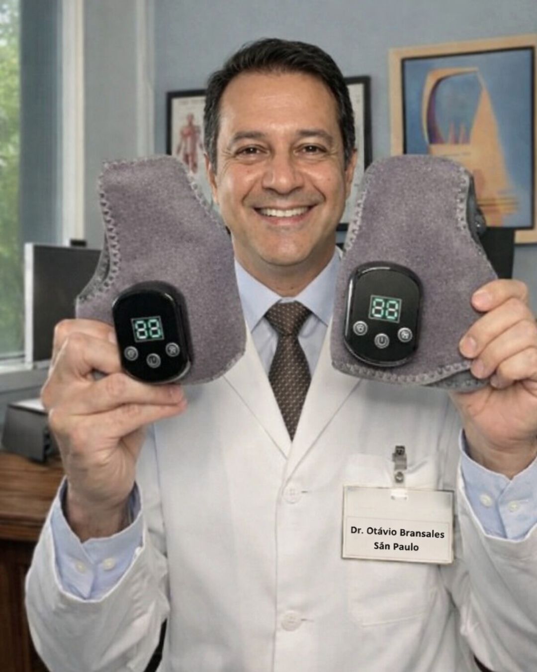 Dr. Otávio Bransales segurando o aparelho NeuroPulse Pro