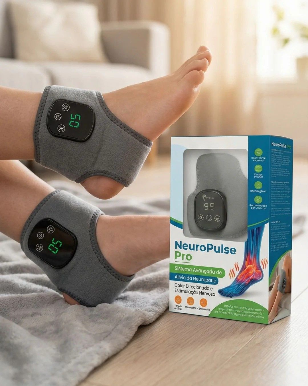 Pés usando o NeuroPulse Pro ao lado da caixa do produto