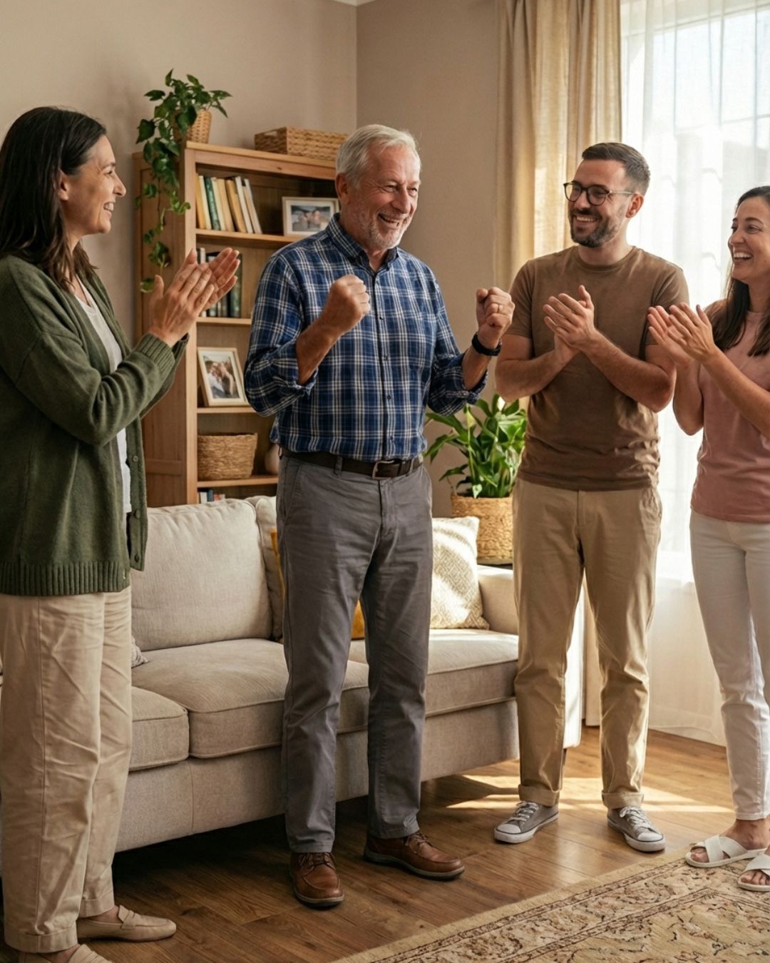 Família aplaudindo o senhor que voltou a andar normalmente