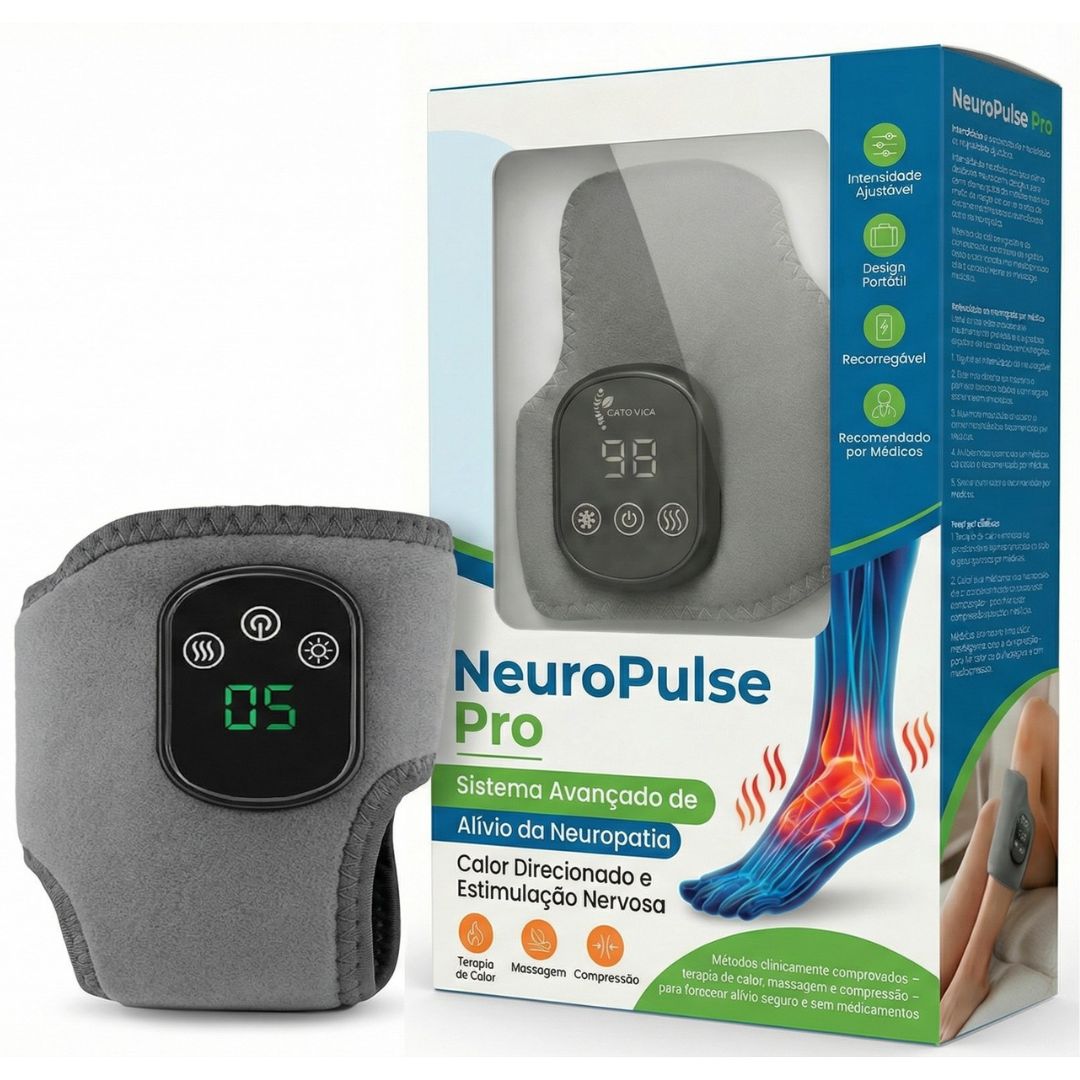 Aparelho NeuroPulse Pro ao lado da caixa do produto