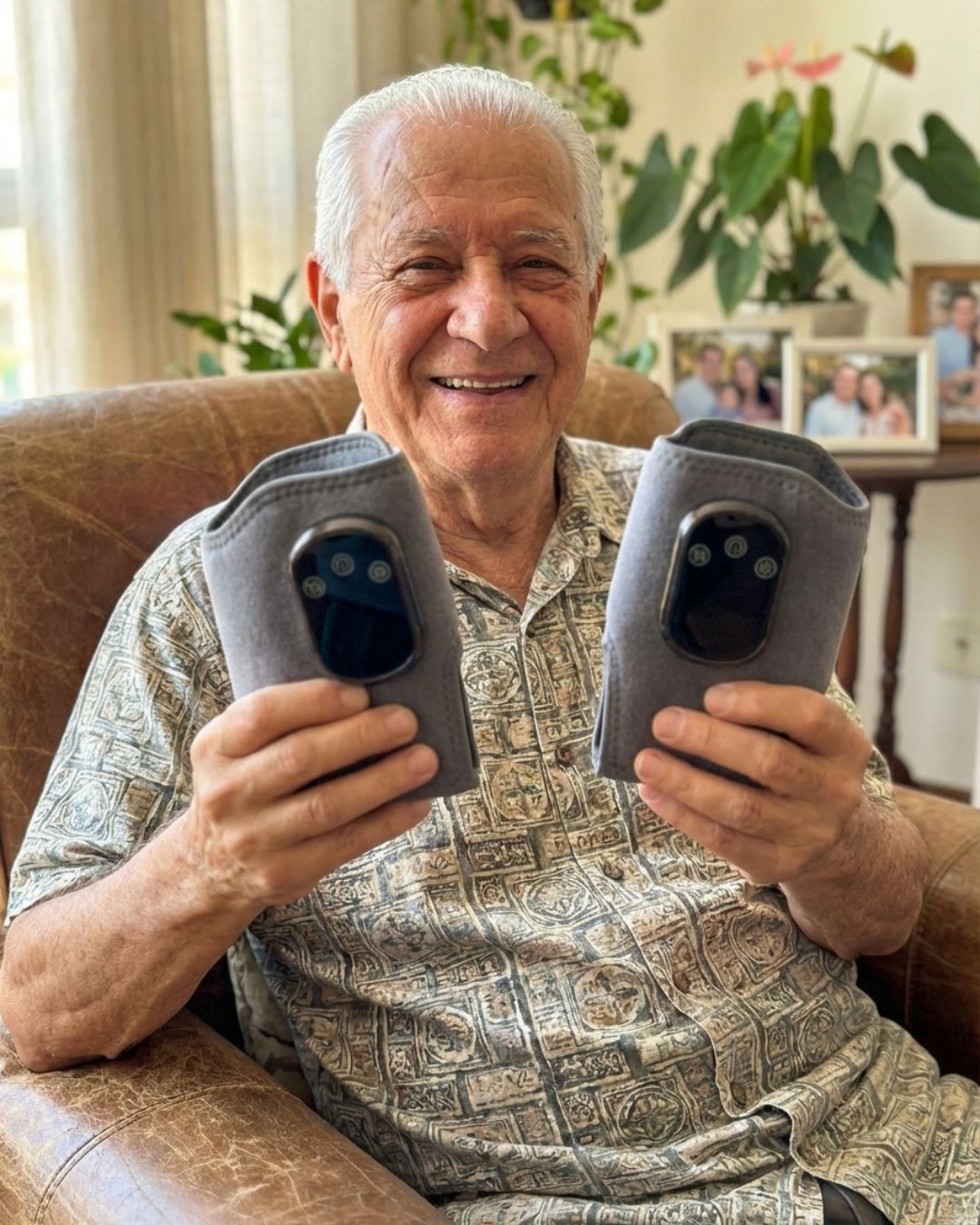 Senhor sorrindo segurando dois aparelhos NeuroPulse Pro