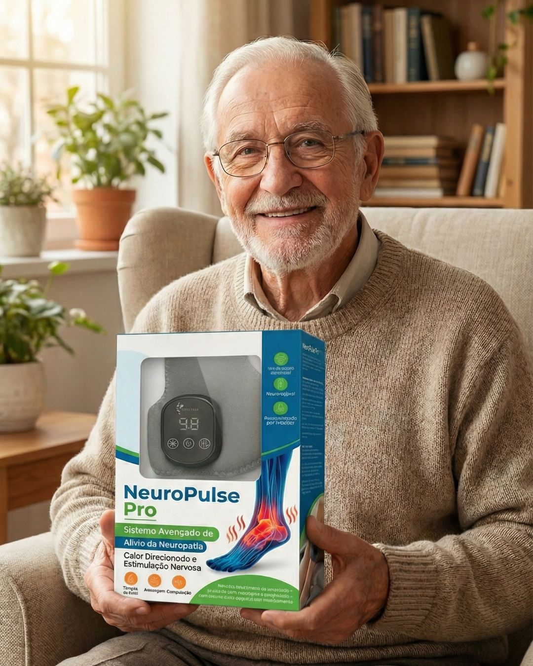 Senhor segurando a caixa do NeuroPulse Pro